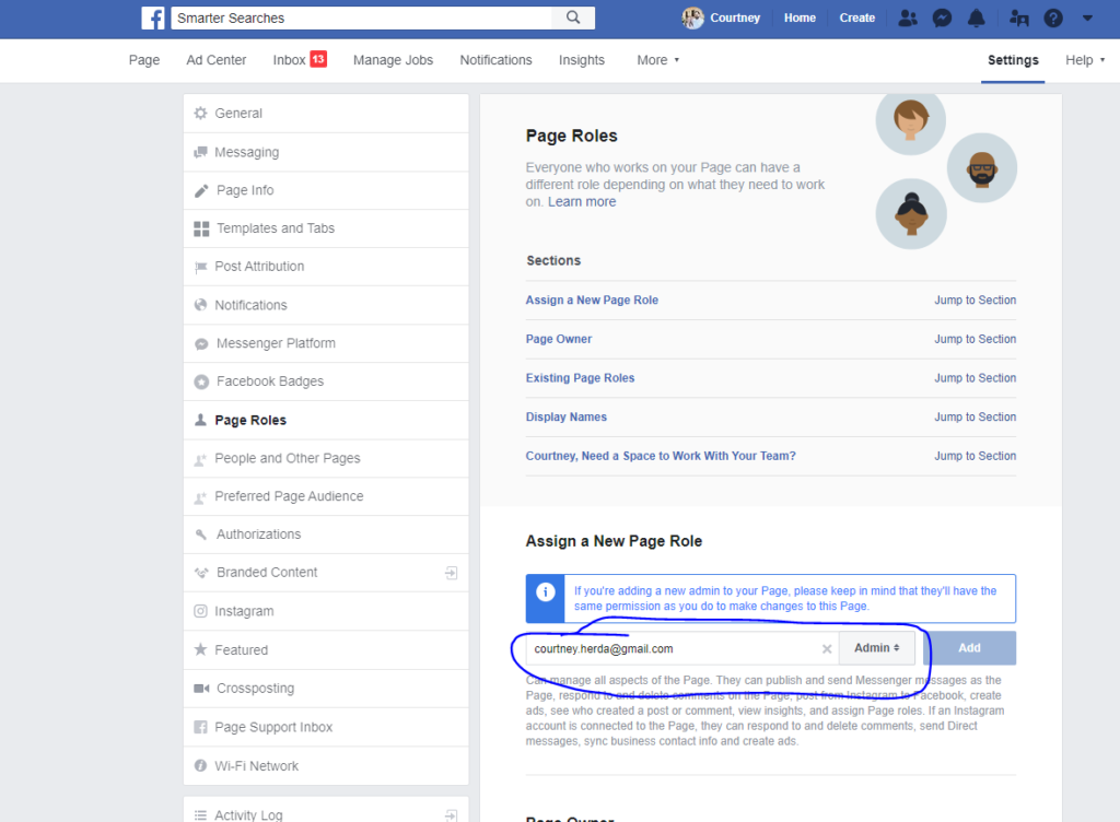 Smarter Searches example of how to add Facebook admins step 4.